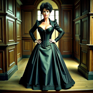 Humiliated 50 yo attractive brunette Victorian chamber maid in black satin. Ultra tight corset, very slim waist and massive lifted bosom and cleavage. Black satin puff full length sleeves. Floor length skirt with petticoat. full body view at Carlton Towers