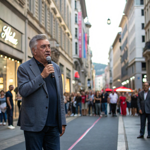 Carlo Ancelotti, in a casual blazer, addressing fans at a street event. No background logos, just a bustling cityscape