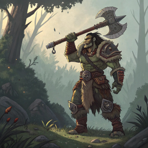 In a vivid, pixelated fantasy world, Grommash Hellscream, a formidable orc warrior, stands resolute. His rugged exterior, marked by wild, tangled hair and battle-scarred armor, tells tales of countless skirmishes. Clad in a mix of fur and metal, his robust build is a testament to his strength. His massive battle axe, gleaming with ancient power, is held aloft. The scene is set in a dimly lit forest clearing, with mystical flora and eerie shadows.