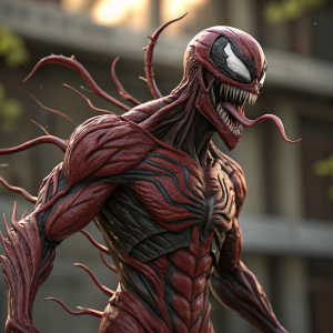 3D render of a fictional character inspired by Venom Carnage. Character in a dynamic pose with an aggressive face, wide-open mouth, and menacing expression. Body is muscular and segmented, with tendrils and dark substance expelled from mouth. Background blurred