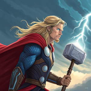 Thor, the mighty Asgardian, wielding Mjolnir in a vibrant, detailed artwork depicting his classic comic book appearance.