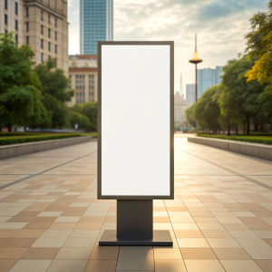 Mockup. Vertical advertising stand in the street. Blank white street billboard poster lightbox stand mock with urban city background