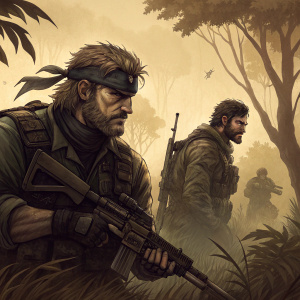 Illustration featuring characters from Metal Gear Solid 3: Snake Eater, set in a gritty, detailed sepia-toned landscape. The main characters, including Big Boss, The Sorrow, and The Boss, are depicted in a state of combat readiness.