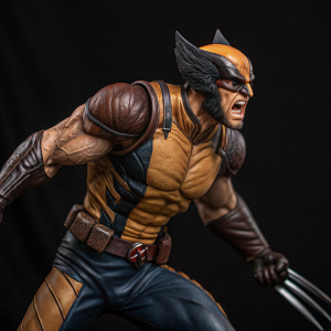 Close-up of Wolverine action figure. Intense facial expression. Detailed muscles, claws, and clothing. Shot against black backdrop