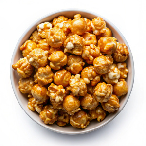 Salted Caramel Popcorn top view on white background