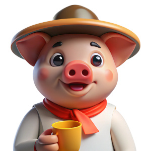ilustracion de marrano con cara tierna, sombrero blanco ancho con cinta negra, trapo rjo en el cuello en forma de triangulo,camisa blanca con mangas largas y en su mano una copa pequela con liquido amarillo