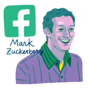 Digital sketch of Mark Zuckerberg, smiling broadly. Simple grayscale design. White Facebook logo beside him