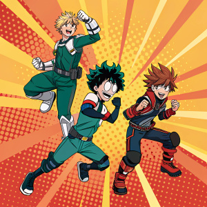 A promotional poster for My Hero Academia featuring dynamic character poses in a vibrant, pop art style. Bright colors, including orange and yellow, dominate the scene, creating an energetic and lively atmosphere. Each character wears unique outfits and accessories, highlighting their distinct personalities.