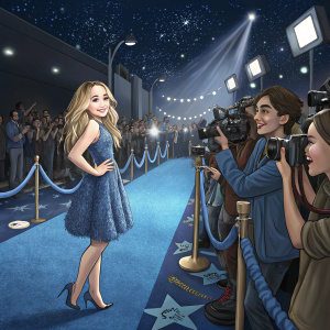 Sabrina Carpenter, starring in 'Vampire Academy', stands confidently on a blue carpet, surrounded by paparazzi flashes and fans.