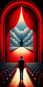 a man looking at a stage in a theatre
