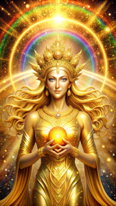 Fantastically sparkling spiritual gold and rainbow wallpaper depicting a beautiful golden goddess who brings good luck and a mysterious magic circle