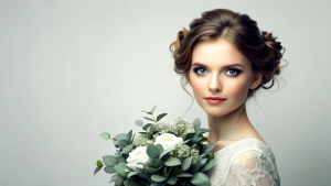 beautiful bride in a white with a bouquet of eucalyptus and white flowers