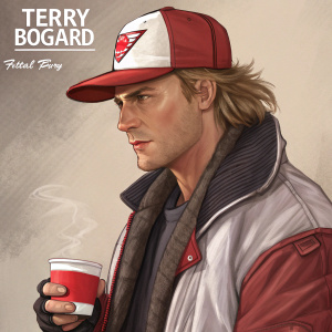 Digital artwork featuring Terry Bogard, a Caucasian male character from the Fatal Fury series. Wearing a graphic novel-inspired Fatal Fury cap and a layered outfit with a jacket. Casual, messy hairstyle. Holding a steaming cup of coffee. Neutral, textured background. Artist's signature at the bottom.