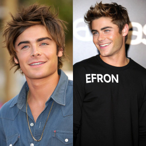 Zac Efron, half photo with messy hair and blurred background, half smiling in black shirt with 'EFRON' text.