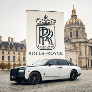 Luxury car brand Rolls-Royce logo design. Dark emblem on white background. Geometric shape and traditional craftsmanship emphasized.