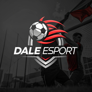 Dale Esport's modern logo design. Dynamic geometric shapes with vibrant red and metallic silver elements. Contemporary angular font for 'Dale Esport'. Dark background with stark contrast.