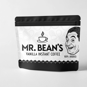 Packaging design for Mr. Bean's Vanilla Instant Coffee. Black and white theme, showcasing Mr. Bean's face. 100% Arabica blend highlighted.
