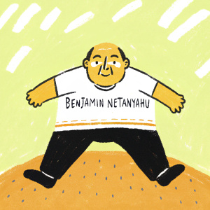 Digital illustration of Benjamin Netanyahu in a playful cartoon style. Vibrant green background. He's wearing a t-shirt with a funny slogan.