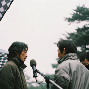 Press conference for 'The Terror Live', featuring Ha Jung-Woo and Kim Byung-Woo. Checkered backdrop, microphone in focus