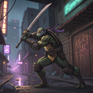 Donatello, a Teenage Mutant Ninja Turtle, wielding a giant katana, in a fierce battle pose. Background features neon lights and graffiti-covered walls of a dystopian city.