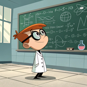 Dexter from Dexter's Laboratory, with his iconic short reddish-brown hair, wearing a white lab coat and glasses, standing in front of a large chalkboard filled with complex equations and symbols, in a brightly lit science lab with tile floors.