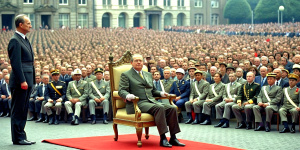 million europeans knee before a dictator in bruessel who is sitting on a throne