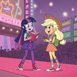 Twilight Sparkle and Applejack from Equestria Girls standing on a vibrant pink stage. Neon signs and crowds visible in the background