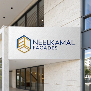 Modern logo of Neelkamal Facades. Blue and gold colors on white background. Sleek and contemporary design.