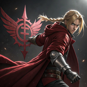Edward Elric, from Fullmetal Alchemist, in a dynamic pose, illuminated by stark, dramatic lighting. Dark background. Prominent red emblem with dual wings, detailed metallic glove, blonde hair in braid-like style, red cloak.