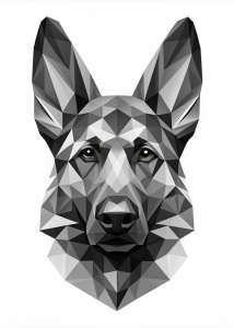 convertir la imagen del perro pastor aleman en un logo poligonal bajo unicolor blanco y negro minimalista