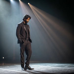 Prabhas, Indian actor, in stylish black suit. Standing alone on an empty stage, spotlight on him.