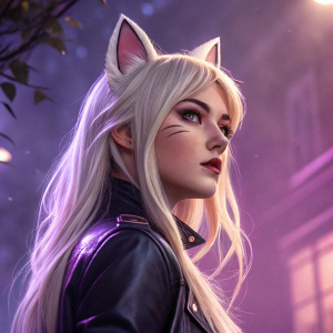 Digital art featuring a K/DA inspired character named Ahri. Caucasian appearance, platinum blonde hair, feline ears, purplish background, intense look