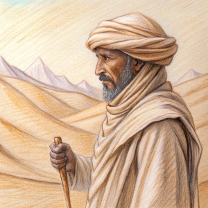 anciano árabe caminando en el desierto con un bastón de madera en su mano derecha y vistiendo con ropa de lino y una túnica color café que cubre su cabeza