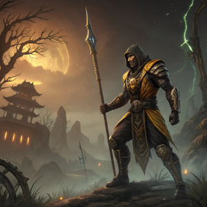 Illustration of Scorpion from Mortal Kombat 11, standing in a dramatic pose with his signature spear. The background features a dark, ominous landscape with ancient ruins and glowing mystical energy.