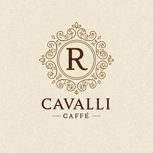 The Cavalli Caffè logo, a stunning design of 'R' in intricate detail, stands boldly on a light background. Below, crisp white text is easily readable.