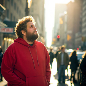 Jonah Hill, Caucasian actor with curly hair and full beard, wearing a red hoodie, standing solo on a bustling street. Bright sunlight, crowded urban scene.