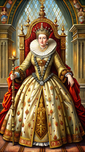 Queen Elizabeth I of England, known as the Virgin Queen, dressed in regal attire with a crown and scepter, in a grand Elizabethan-era throne room