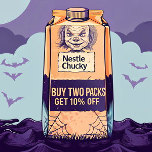 Special edition Nestle Chucky chocolate milk. Buy two packs get 10% off. Orange and black themed packaging