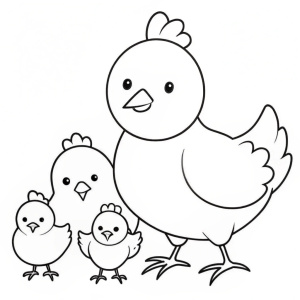 Coloring page for children, simple coloring page, no details, just outline black lines, no color. In the foreground an adult chicken and a 3 baby chicken with a happy face. The white background.