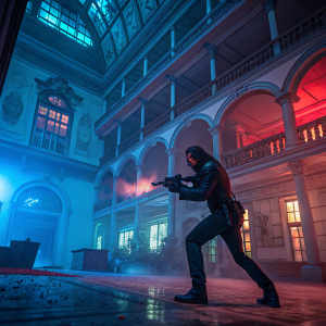Digital art rendering of intense action scene from John Wick 3: Parabellum. Ornate multilevel building with detailed architecture. Blue and red lighting casting shadows. Main character in combat stance.