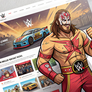 Homepage screenshot of WWE's website, showcasing a vibrant, action-packed image of a cartoon wrestler with makeover theme. Alongside are smaller pictures of real wrestlers and a sports car ad.