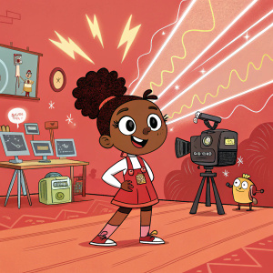 Sally Bollywood, a cartoon character with dark skin and a playful expression, stands in a bustling animation studio. Surrounded by animated characters and tech gadgets, the scene features a colorful palette with a dominant use of red and dynamic lines.