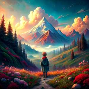 a little child standing behind a beautiful mountain scene