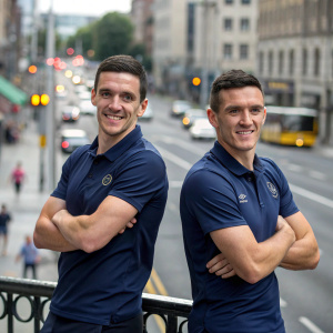 Darragh Lenihan and Stewart Downing, two caucasian soccer players, in matching navy blue polo shirts, posing against a busy city street backdrop.