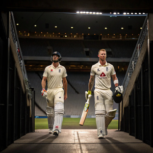 Kevin Pietersen and Ben Stokes walking out of a stadium entrance tunnel. They are dressed in their cricket team's uniforms with sponsor patches and logos. Pietersen holds his helmet while Stokes carries a cricket bat. Dark and focused lighting with an empty field in the background.