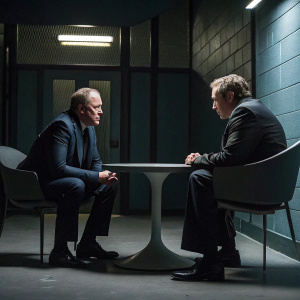 James Spader and an unknown actor engaged in a heated conversation. Dark, moody room with sleek modern furniture.