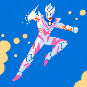 Illustration of Ultraman Geed Primitive. Futuristic metallic design, red and silver color scheme, action pose