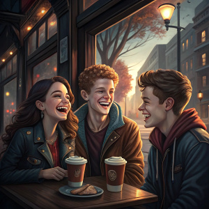 Vanessa Marano, Sean Berdy, and Max Lloyd-Jones from 'Switched at Birth' laughing at a coffee shop. Urban setting, streetlights, pedestrians
