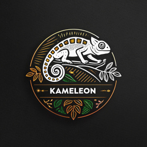 Digital artwork of the Kameleon logo. The logo features a stylized, line-art chameleon with a modern and bold design. Set against a black background, the white logo stands out, emphasizing the creature and brand name in a contemporary style.