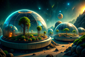 Visualize a space station equipped with cutting-edge bio-domes, cultivating extraterrestrial plant life for sustainable resources."